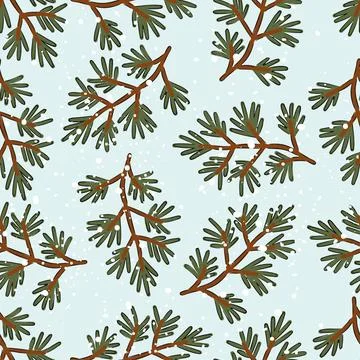Hand drawn Christmas seamless pattern of evergreen branches with snowflakes on a Stock-Illustration