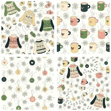 Hand drawn Christmas seamless patterns with cozy winter items in vintage colo 스톡 일러스트