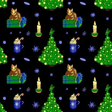 Hand drawn Christmas texture with a cat and Xmas tree. Festive docr at home in a Stock Illustration