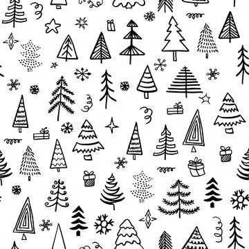 Hand drawn Christmas tree background. Doodle ink seamless pattern for New Year Stock Illustration