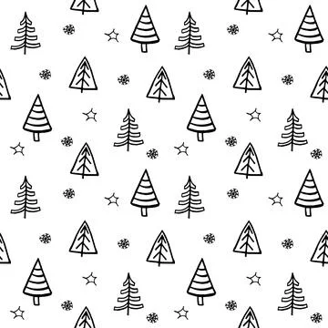 Hand drawn Christmas tree background. Doodle ink seamless pattern for New Year Stock Illustration