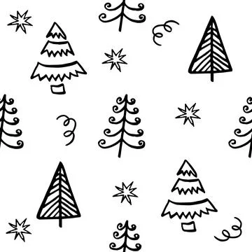 Hand drawn Christmas tree background. Doodle ink seamless pattern for New Year Stock Illustration