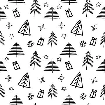 Hand drawn Christmas tree background. Doodle ink seamless pattern for New Year Stock Illustration