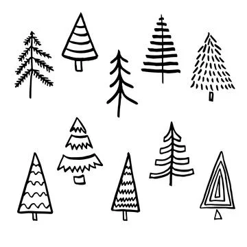 Hand drawn Christmas tree set, doodle black vectors collection, linear style Stock Illustration