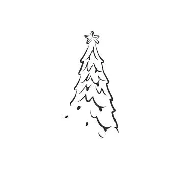 Hand Drawn Christmas Tree with Star, Minimal Festive Holiday Evergreen Fir Stock Illustration