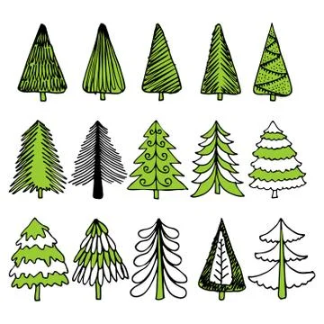 Hand-drawn Christmas trees for winter and holiday illustrations. Stock Illustration