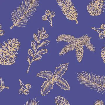 Hand Drawn Christmas Vector Seamless Pattern with Very Peri Background. Pine Stock Illustration