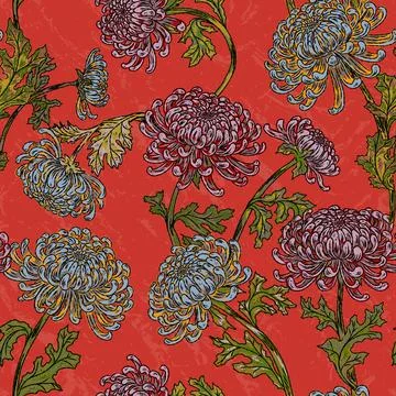 Hand drawn chrysanthemum floral pattern with botanical foliage vintage decora Stock Illustration