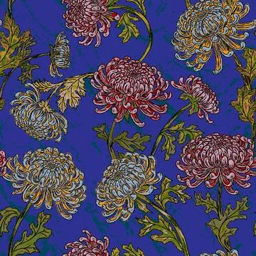 Hand drawn chrysanthemum floral pattern with botanical foliage vintage decora Stock Illustration