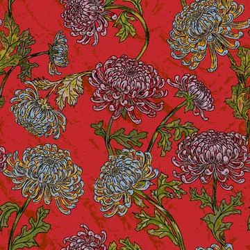 Hand drawn chrysanthemum floral pattern with botanical foliage vintage decora Stock Illustration