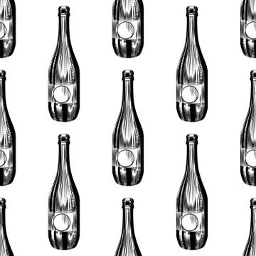 Hand drawn cider bottle seamless pattern. Craft beer bottle backdrop. Stock Illustration