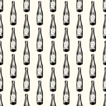 Hand drawn cider bottle seamless pattern. Craft beer bottle wallpaper. Stock Illustration
