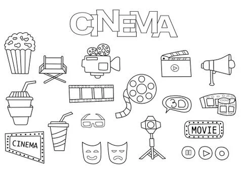 Hand drawn cinema set. Coloring book template.  Outline doodle Illustrazione stock