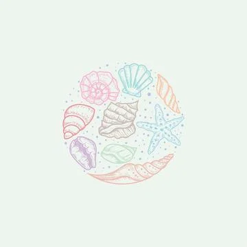 Hand drawn Circle frame of seashells vector Stock Illustration