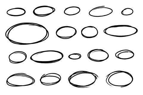 Hand drawn circle frames set. Grunge sketch highlight rings and scribble ov.. Stock Illustration