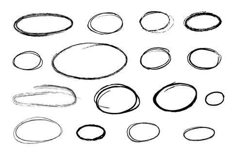 Hand drawn circle frames set. Grunge sketch highlight rings and scribble ov.. Illustrazione stock