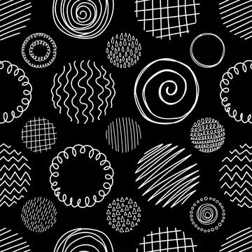 Hand drawn circle line sketch seamless pattern. Abstract line black background Stockillustratie