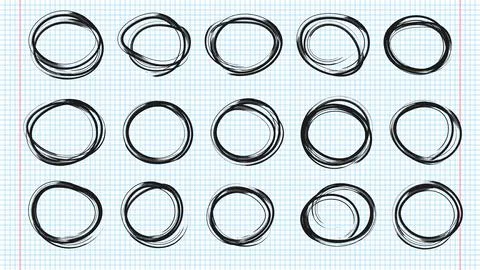 Hand drawn circles line sketch set on notebook pages. Doodle graffiti illus.. Stock Illustration