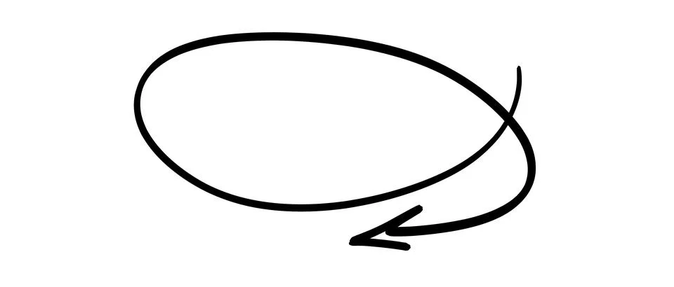 Hand drawn circular arrow indicating rotation or movement in a loop Illustrazione stock