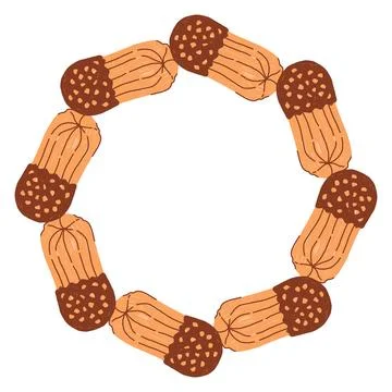 Hand drawn circular cookie frame in a simple doodle style, featuring cute baked Stock Illustration
