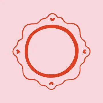 Hand drawn circular frame with wavy scalloped edges and tiny red heart details Stock Illustration