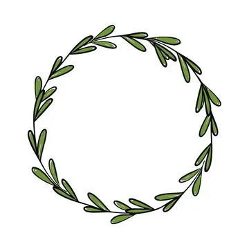 Hand drawn circular frame, wreath made of green leaves branches in fresh green Stock Illustration