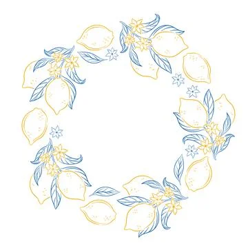 Hand drawn circular wreath frame with lemon, leaves and flower in yellow and Stock Illustration