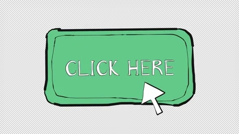 Hand drawn CLICK HERE button pressed by a doodle cursor arrow with alpha channel Video stock 348588648