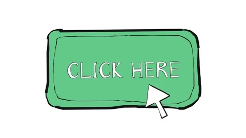 Hand drawn CLICK HERE button pressed by a doodle cursor arrow on white Video stock 348588699