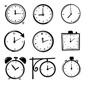 Hand drawn clock illustration set Stock Illustration