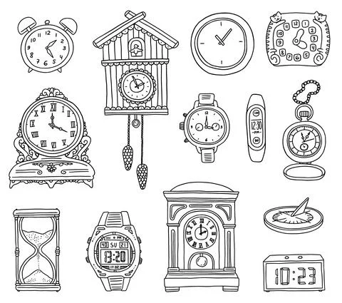 Hand drawn clock set in doodle style, vector illustration isolated on white Stock Illustration