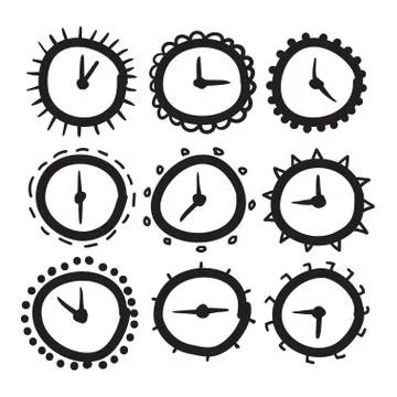 Hand drawn clock vector icons set illustration. Stock Illustration