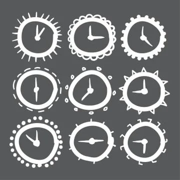 Hand drawn clock vector icons set illustration. Stock Illustration