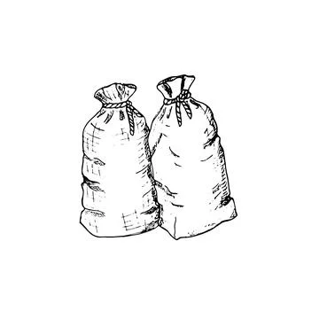 Hand-drawn closed sacks.  Sacks of flour, sugar, rice, and grain. Isolated .. Stock Illustration