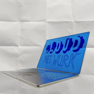 Hand drawn cloud network on 3d computer laptop on crumpled paper background a Illustrazione stock