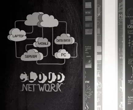 Hand drawn cloud network with light bulb doodle on dark wall  background as c Stock Illustration