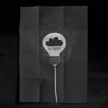 Hand drawn cloud network with light bulb doodle on crumpled paper background  Stock Illustration
