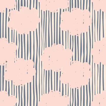 Hand drawn cloud sky seamless pattern on black stripes background. Stock Illustration