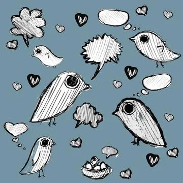 Hand drawn cloud of thoughts and birds Stock Illustration