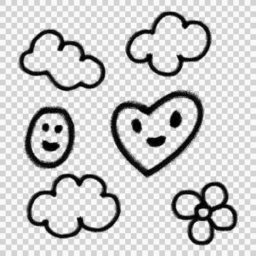 Hand-drawn clouds, heart, flower, and smiley faces Stock Illustration