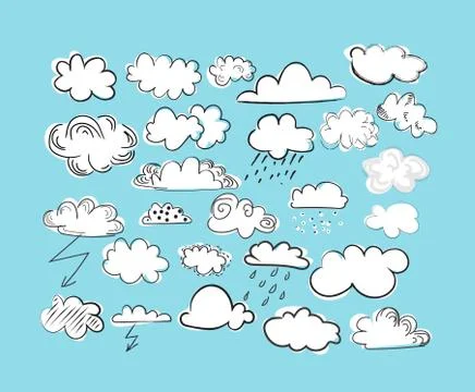 Hand drawn clouds with rain and snow. Set of vector clouds. Stock Illustration