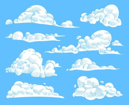 Hand drawn clouds. Sketch cloudy sky, vintage engraved curled cloud. Doodle Illustrazione stock