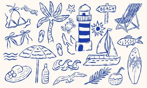 Hand drawn coastal beach doodle set with tropical symbols Ilustração Stock