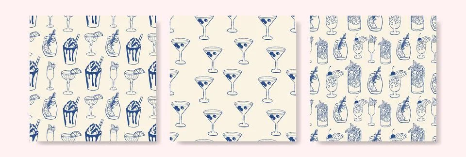 Hand drawn cocktail pattern in navy blue on cream background 스톡 일러스트