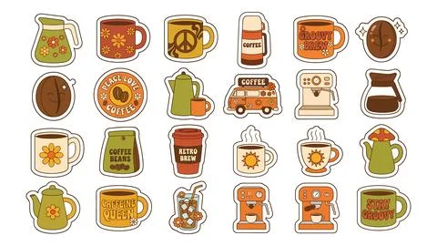 Hand-drawn coffee and bakery doodle set with steaming cups. Stock Illustration