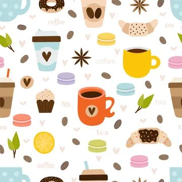Hand drawn coffee and tea seamless pattern. Set of kitchen tools, symbols, .. Stock Illustration