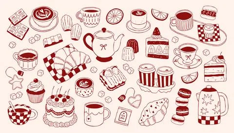 Hand drawn coffee and tea vector set with desserts, croissants, cups, teapot Stock Illustration