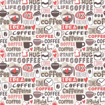 Hand drawn coffee badge vector seamless patterns Stock Illustration