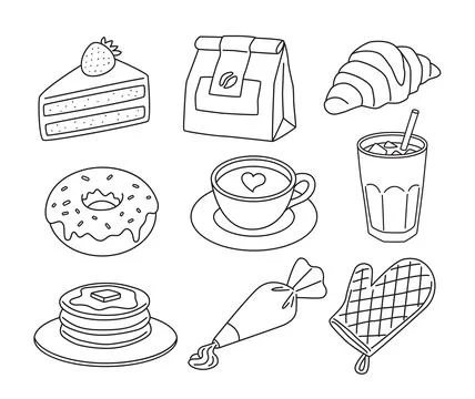 Hand drawn coffee bakery dessert food and element doodle outline set. Illustrazione stock