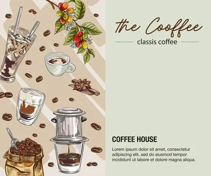 Hand drawn of coffee beans, coffee cups with vietnamese coffee drip. vector i Stock Illustration